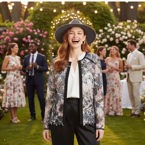 MIRANDA Painterly Semi Sheer Lace Long Sleeve Open Front Cardigan Sz 24 - Picture 4 of 6